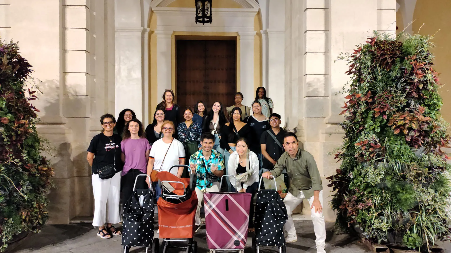 students in front of hotel